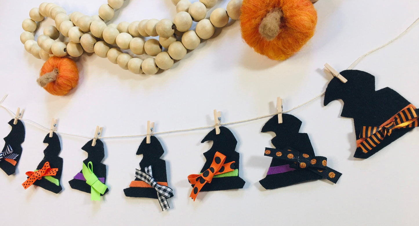 Felt Miniature Witch Hat Banner Halloween Bunting Fall Clothesline Wall Hanging Decoration