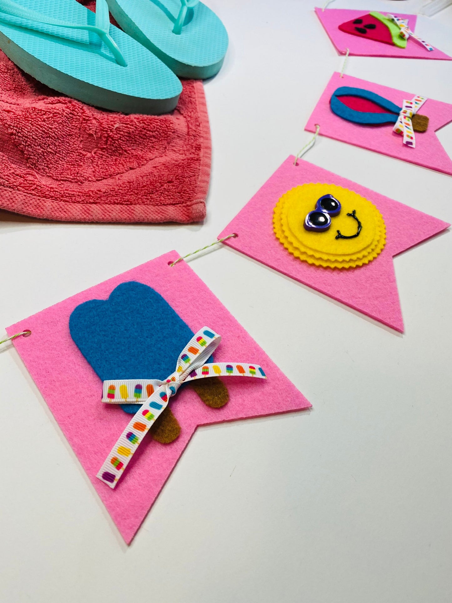 Summer Fun Felt Banner Garland Bunting Wall Hanging Decoration with Sunshine, Hot Air Balloon, Popsicles, Watermelon, and Ice Cream Cone
