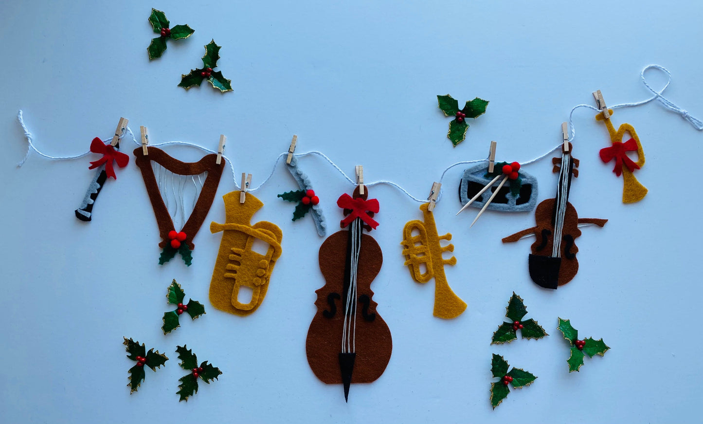 Instruments with Holly Orchestra Christmas Banner Holiday Garland Bunting Wall Hanging Decoration