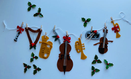 Instruments with Holly Orchestra Christmas Banner Holiday Garland Bunting Wall Hanging Decoration