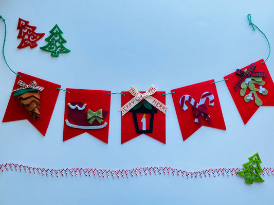 Christmas Flag Bunting with Pennants featuring Mistletoe, Candy Canes, Sleigh, Candle with Lantern, and Pinecone