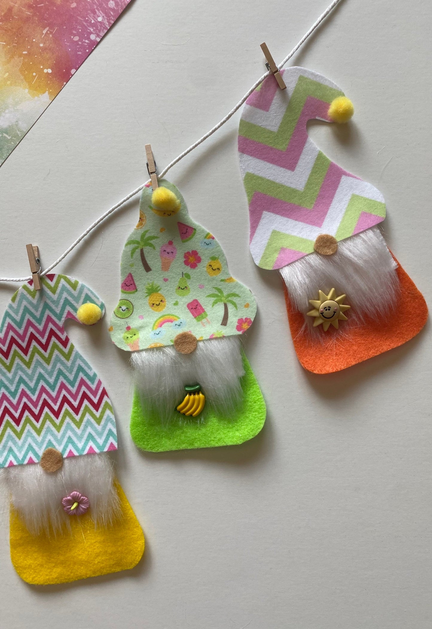 Summer Gnomes with Beards and Hats Felt Miniature Banner Garland Bunting Wall Hanging for Decoration or Party