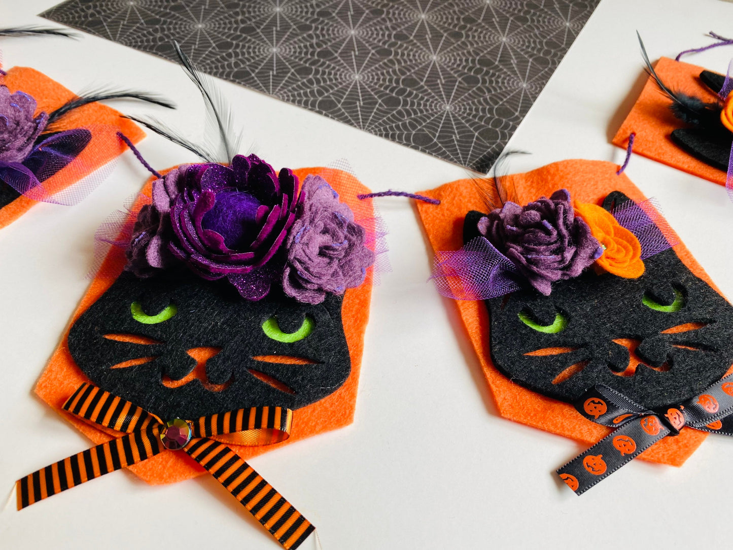 Halloween Cat Flag Pennant Banner with Felt Flowers Garland Bunting Wall Hanging for Decoration