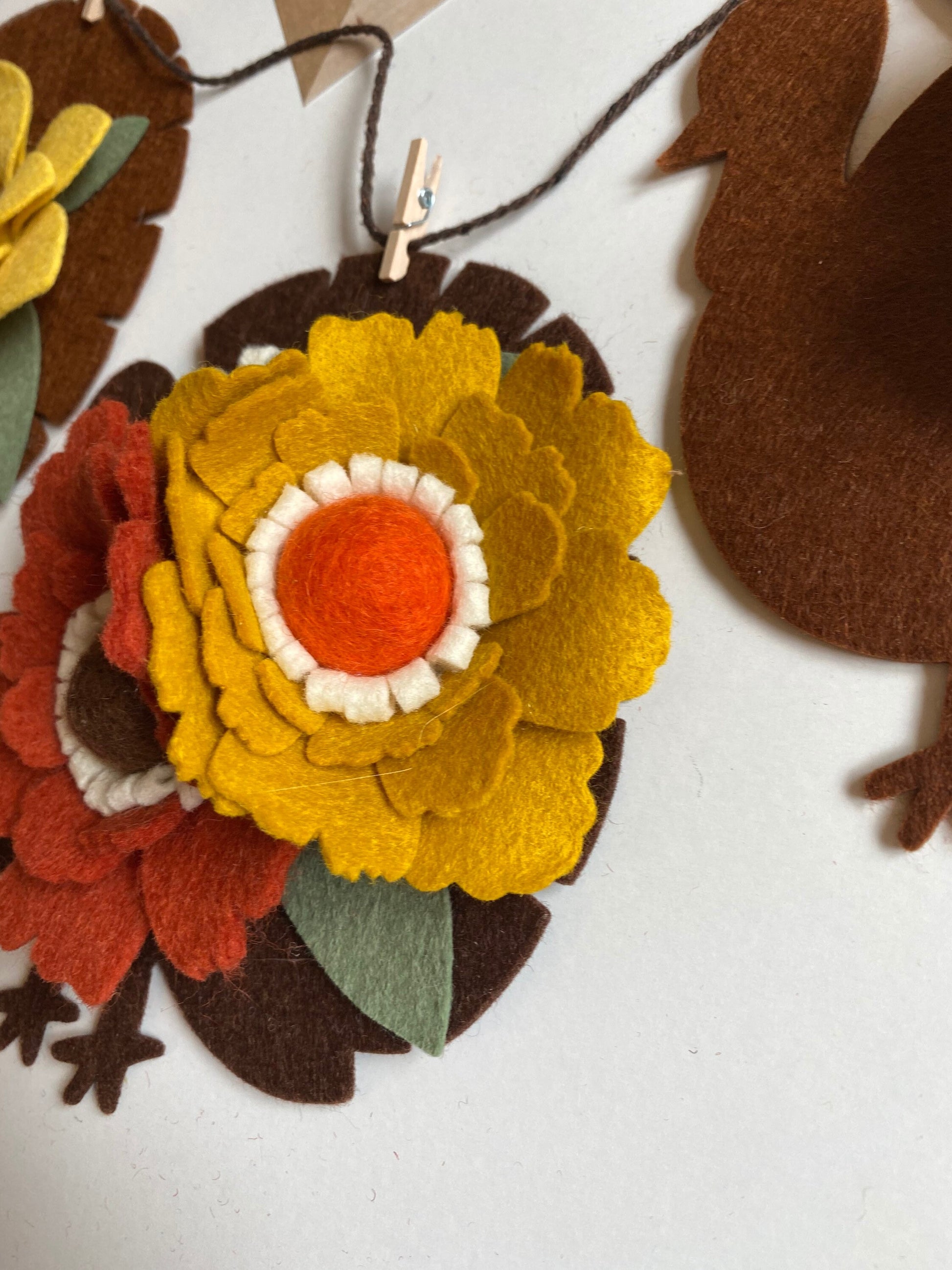 Turkey Banner Thanksgiving Garland with Fall Felt Flowers Decoration Autumn Wall Hanging for November