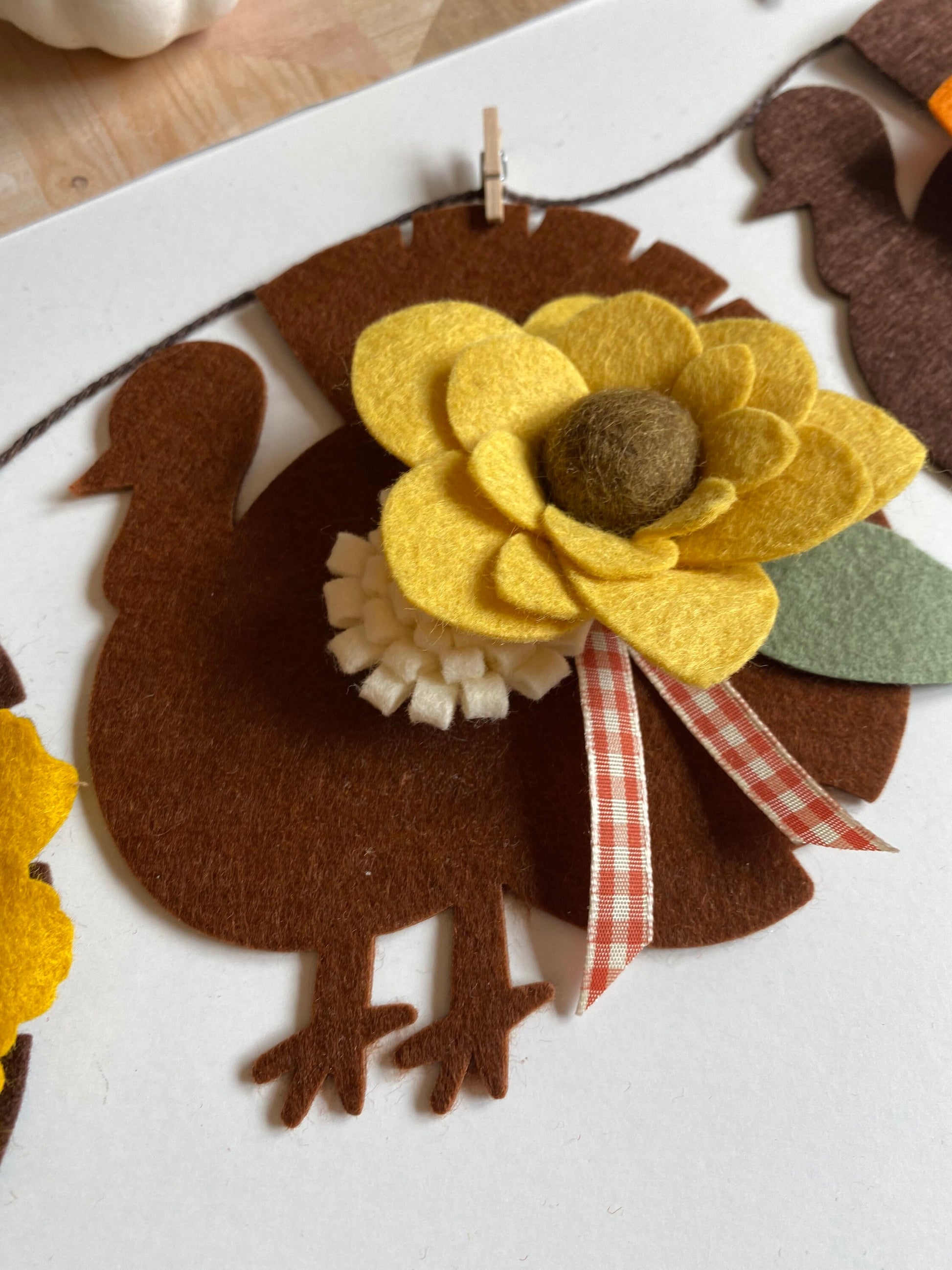 Turkey Banner Thanksgiving Garland with Fall Felt Flowers Decoration Autumn Wall Hanging for November