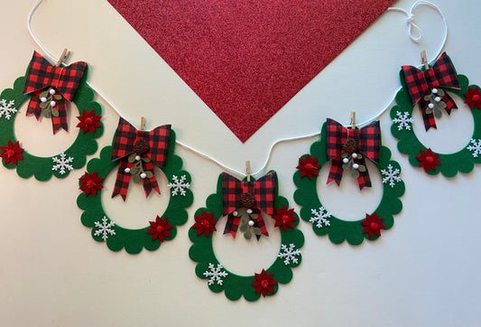 Felt Christmas Wreath Banner Winter Snowflake Garland Mistletoe Bunting Poinsettia Wall Hanging Decoration for December w Buffalo Check Bows