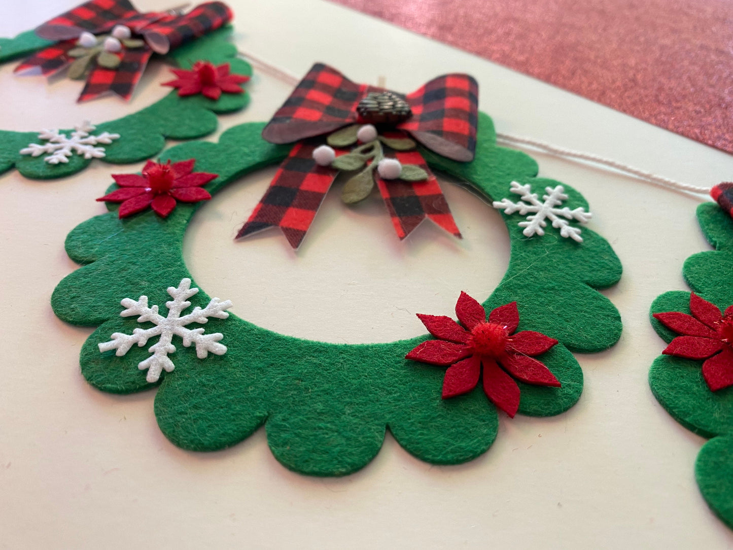 Felt Christmas Wreath Banner Winter Snowflake Garland Mistletoe Bunting Poinsettia Wall Hanging Decoration for December w Buffalo Check Bows