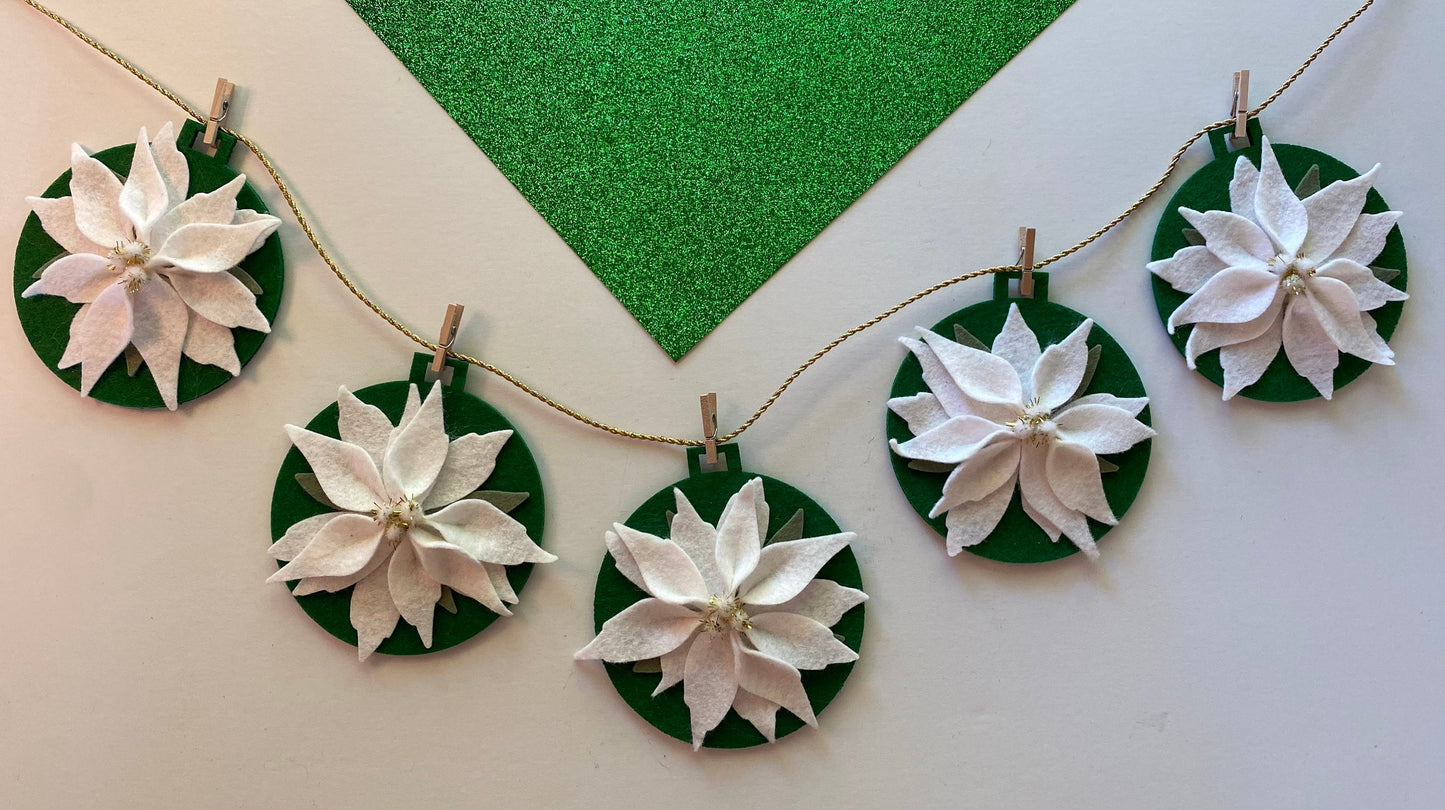 Felt Poinsettia Flower Christmas Holiday Ornament Garland Banner Bunting Wall Hanging Decoration for December
