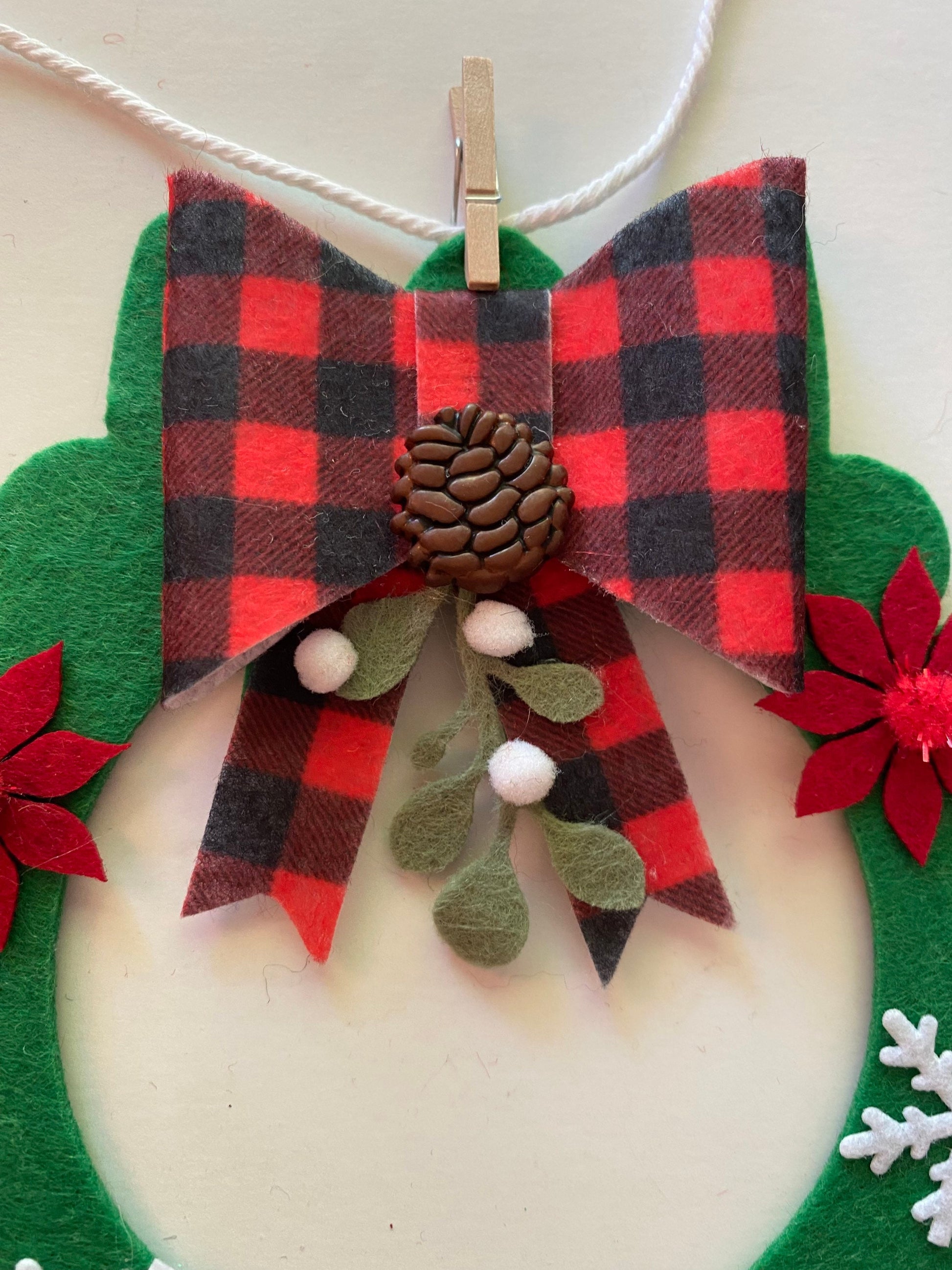 Felt Christmas Wreath Banner Winter Snowflake Garland Mistletoe Bunting Poinsettia Wall Hanging Decoration for December w Buffalo Check Bows