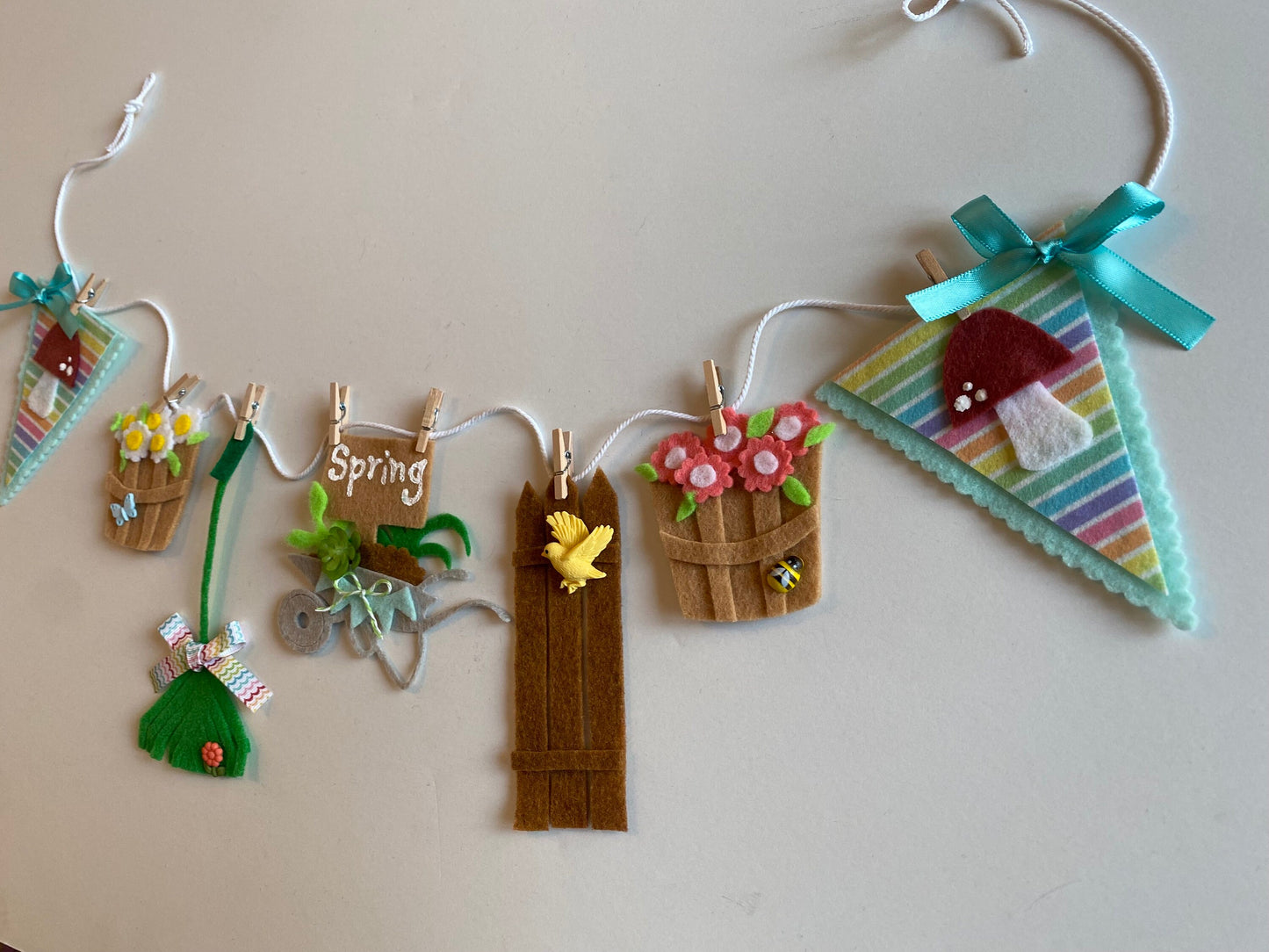 Spring Seasonal Banner, Miniature Felt Garland Bunting, Gardening Wheelbarrow Wall Hanging, Mushroom Flag Pennant Decoration