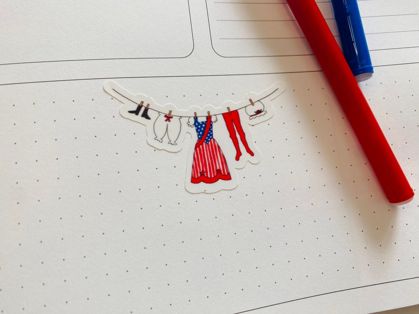 Uncle Sam's Clothesline Sticker & Patriotic Lady's Laundry Clothesline Banner Sticker for July Planners, Calendars or Cards
