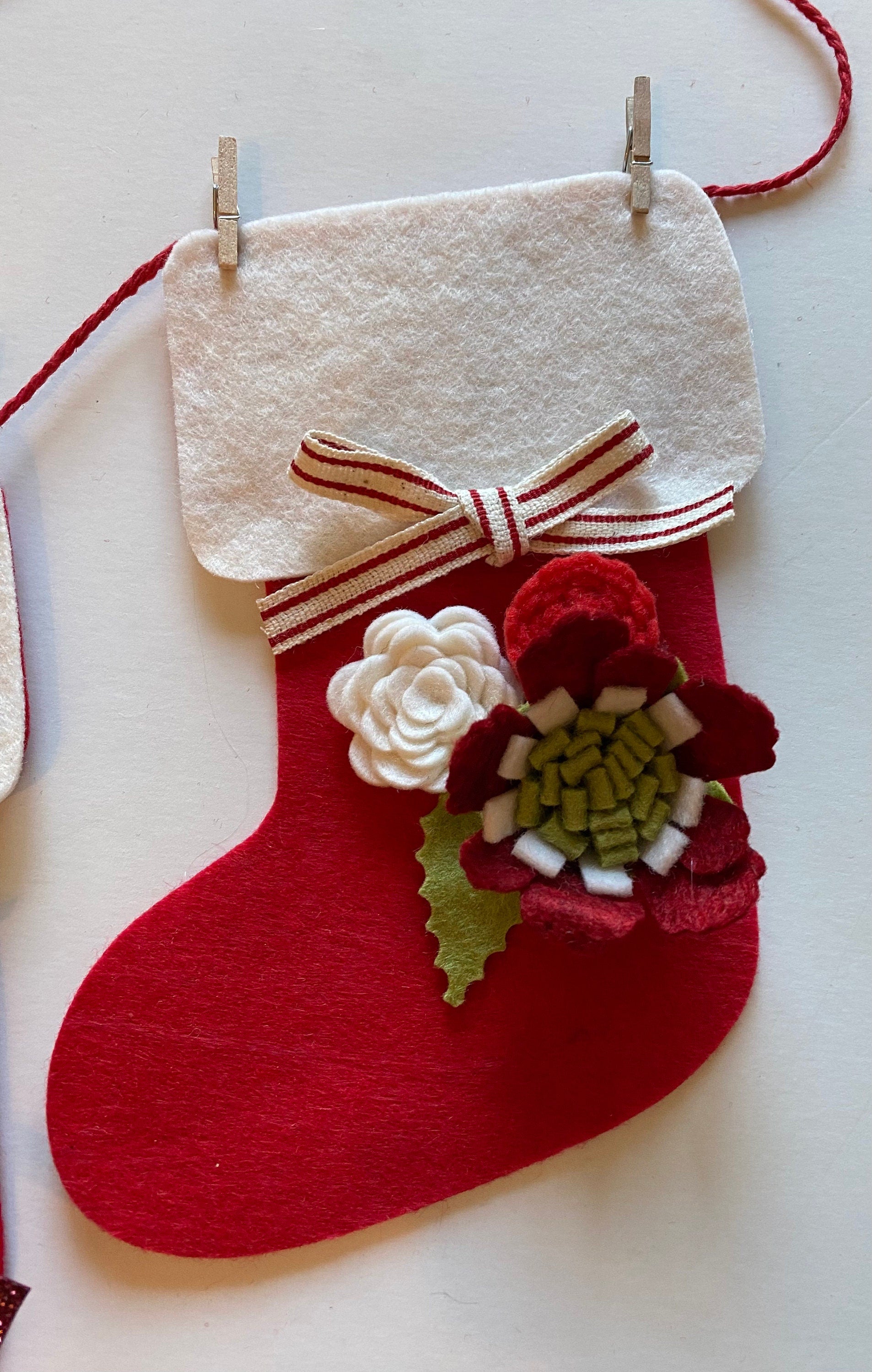Santa Stocking Christmas Banner with Felt Flowers Garland, Bunting Decoration