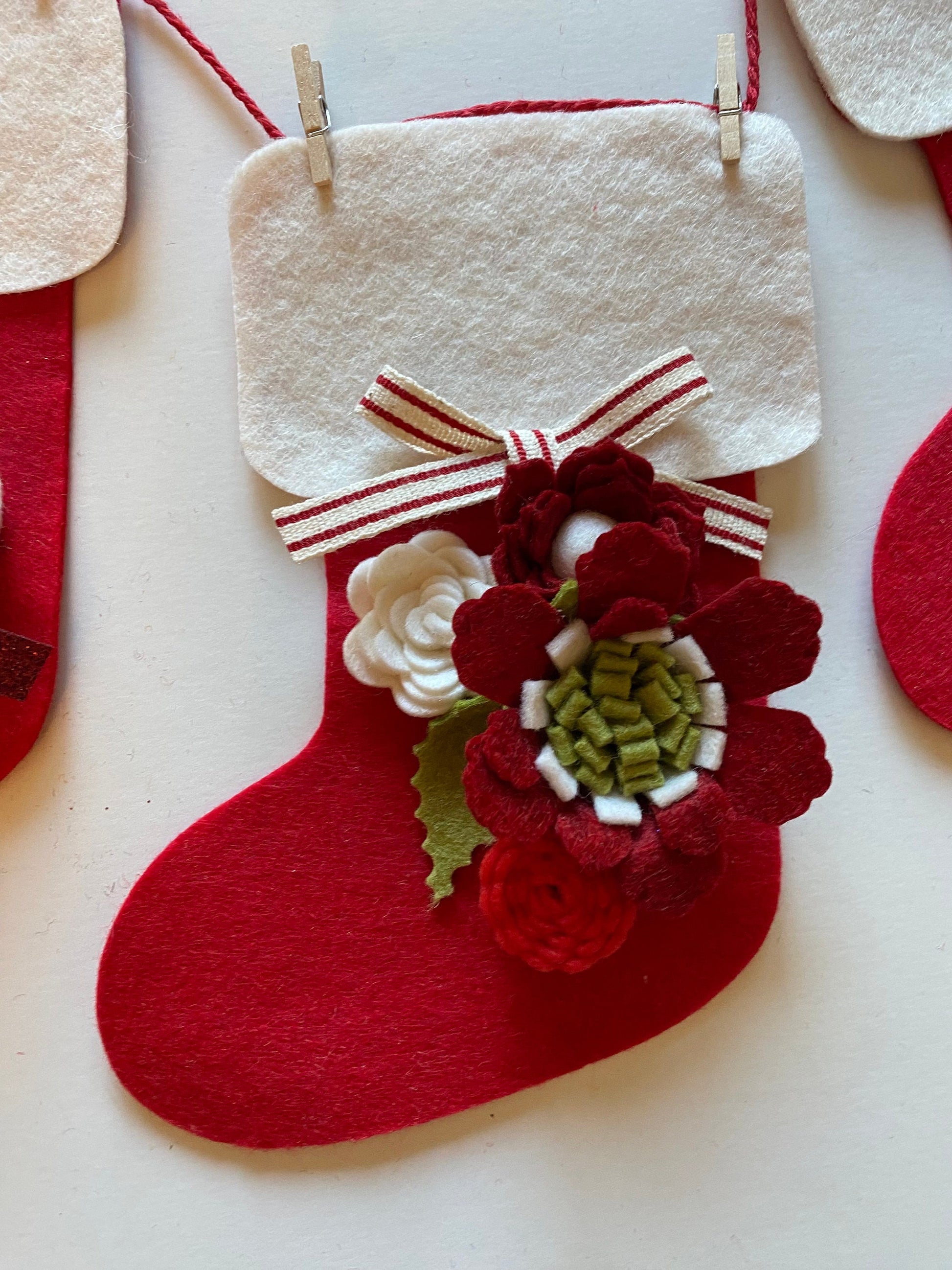 Santa Stocking Christmas Banner with Felt Flowers Garland, Bunting Decoration