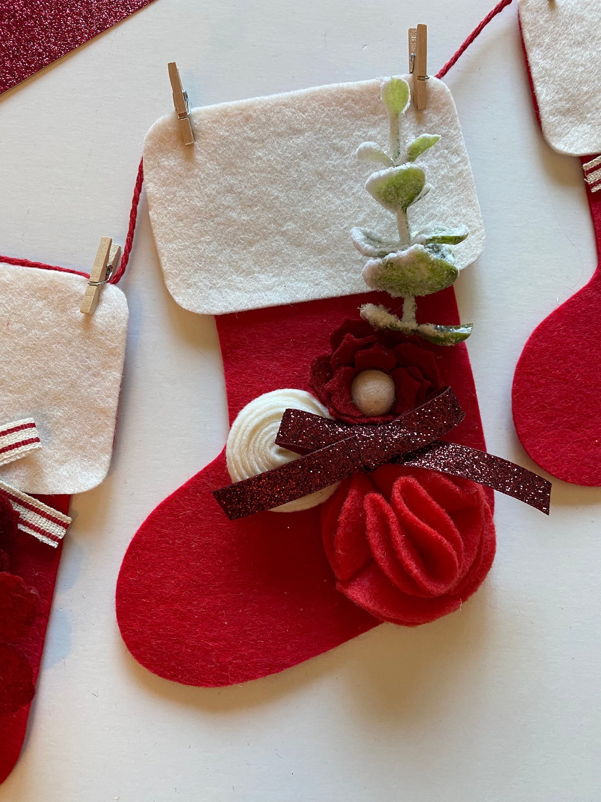 Santa Stocking Christmas Banner with Felt Flowers Garland, Bunting Decoration