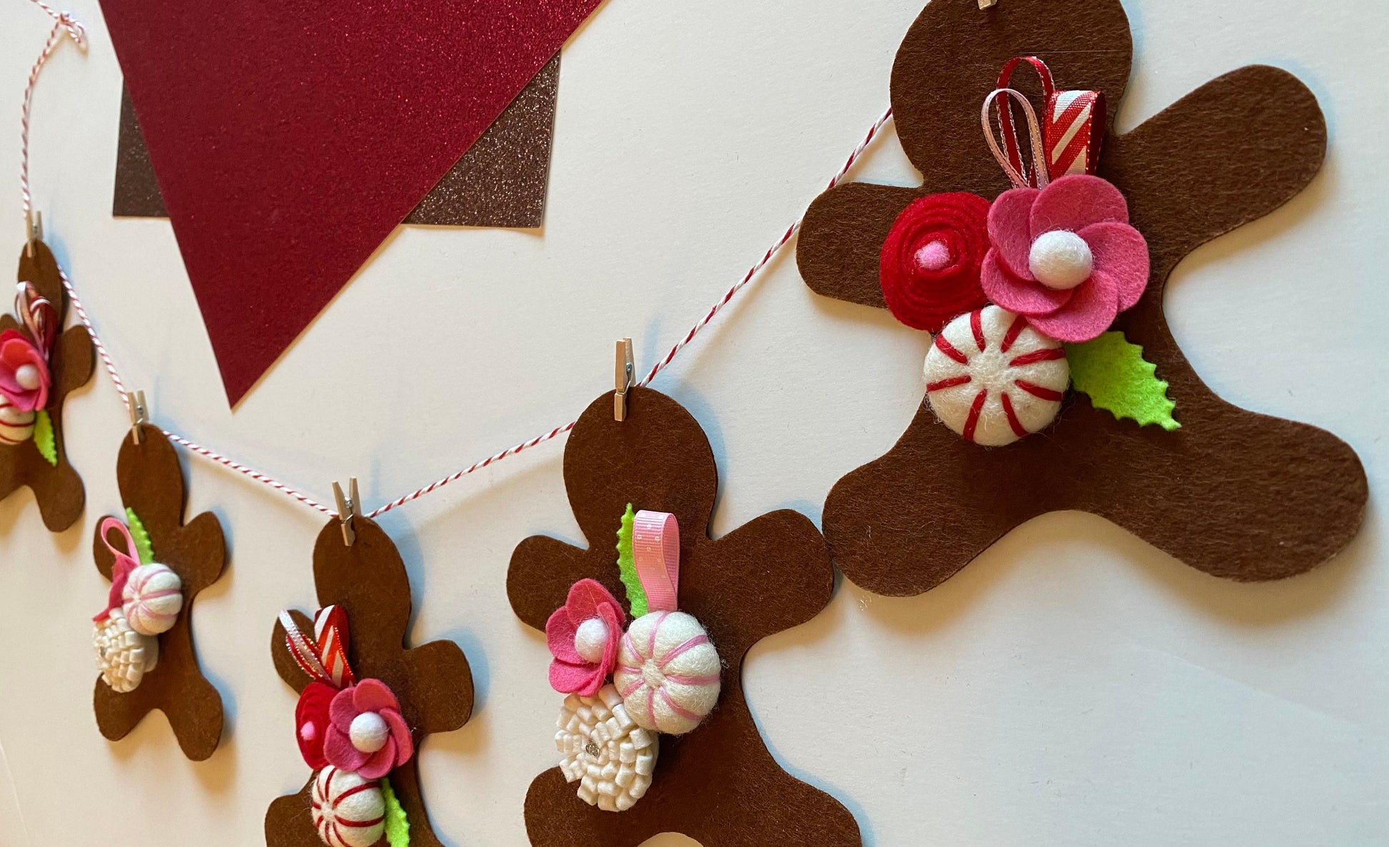 Gingerbread Man Cookie Banner, Christmas Felt Flower Garland Bunting with Wool Peppermint Candies