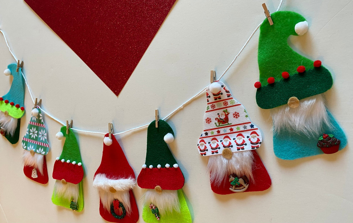 Santa Gnome and Elf Gnomes Felt Banner, Christmas Garland, Bunting Decoration