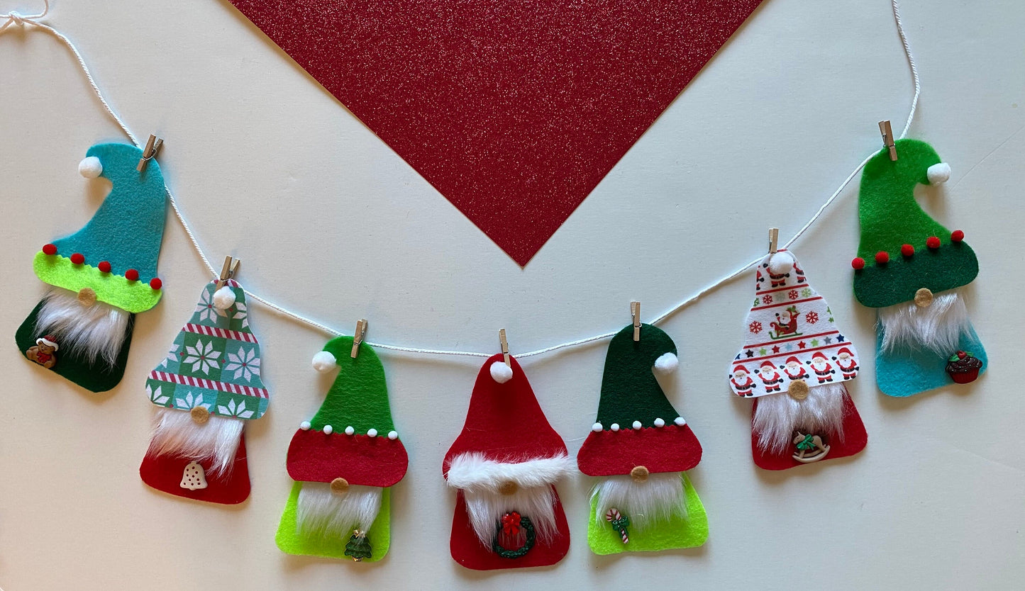 Santa Gnome and Elf Gnomes Felt Banner, Christmas Garland, Bunting Decoration