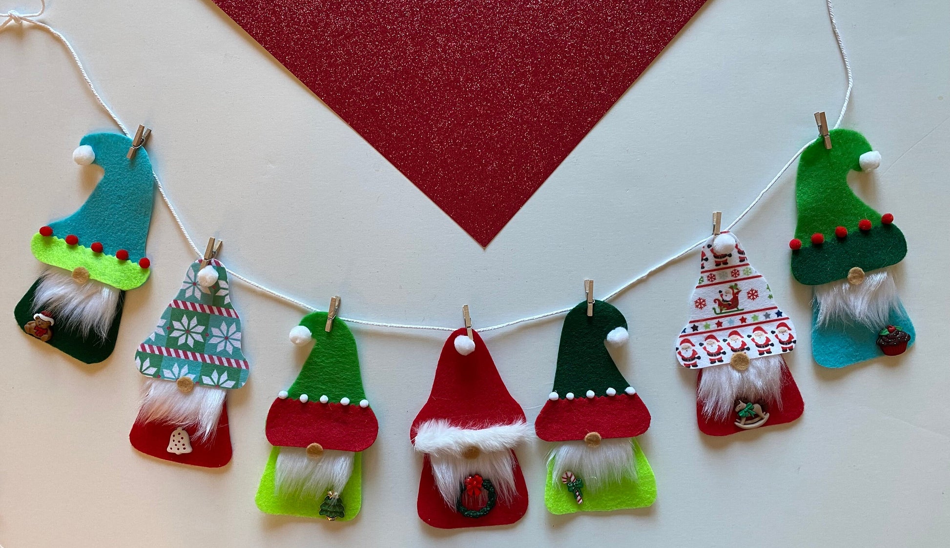 Santa Gnome and Elf Gnomes Felt Banner, Christmas Garland, Bunting Decoration
