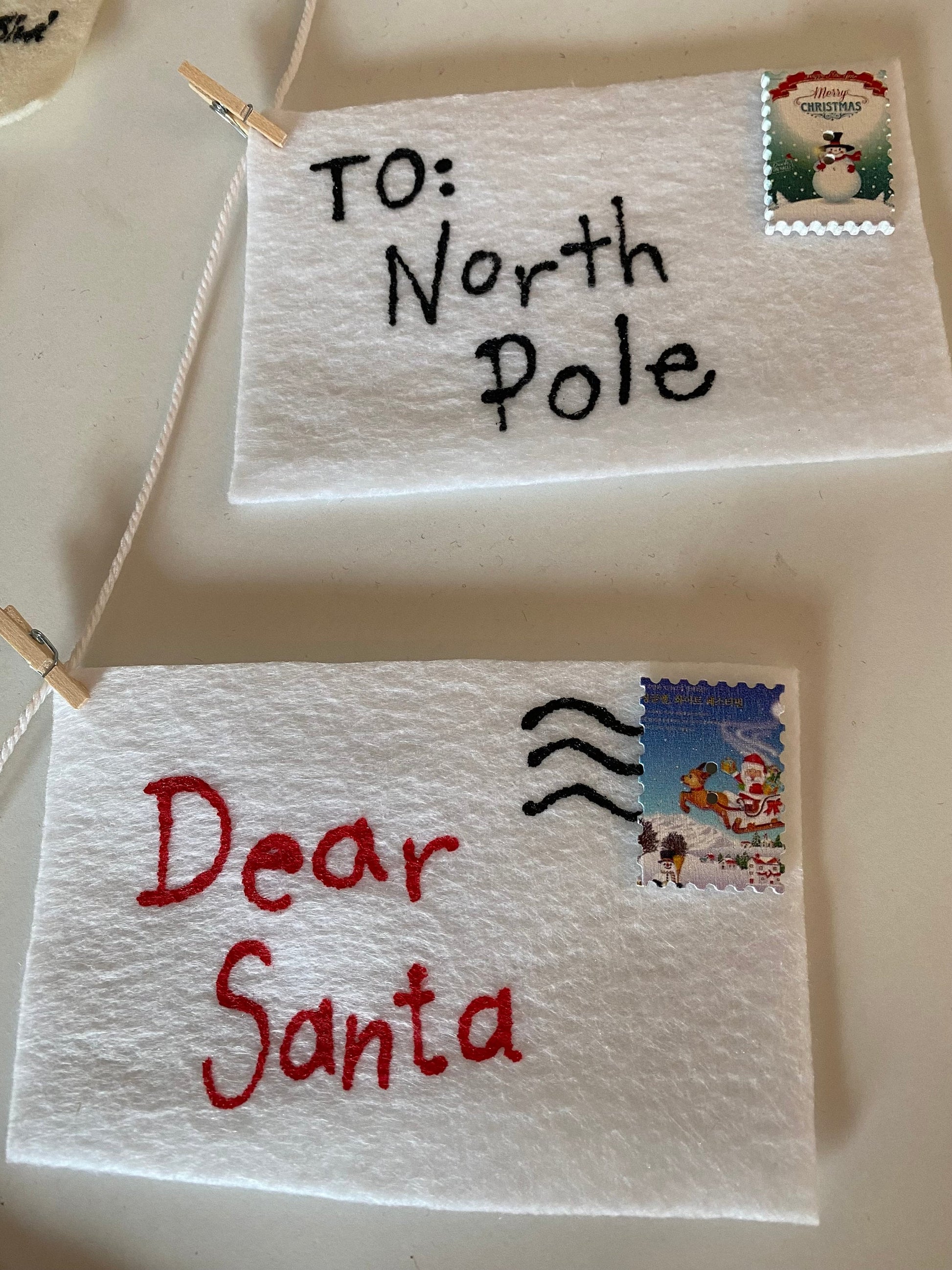 Christmas Cards Felt Banner, Letters to Santa Garland, Envelopes with Stamps Bunting, December Decoration