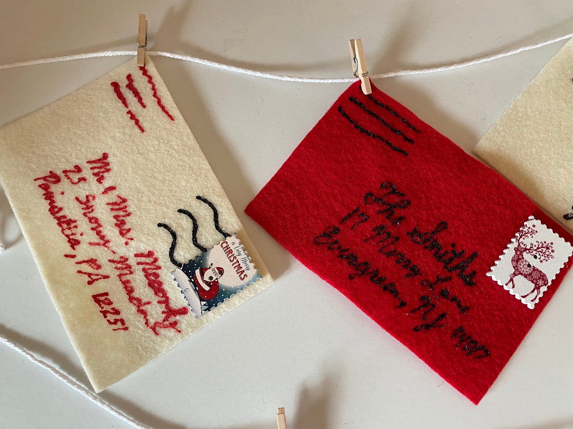 Christmas Cards Felt Banner, Letters to Santa Garland, Envelopes with Stamps Bunting, December Decoration
