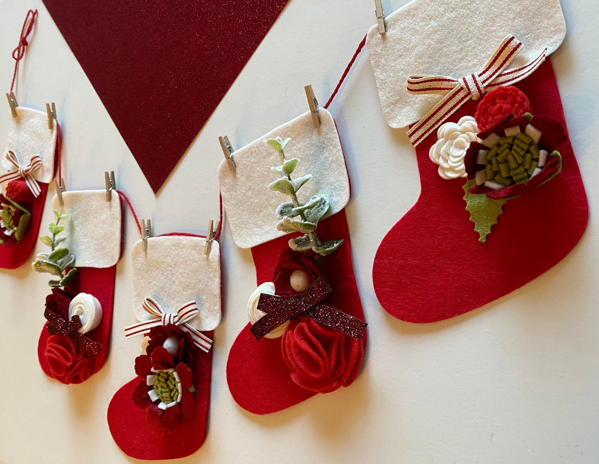 Santa Stocking Christmas Banner with Felt Flowers Garland, Bunting Decoration
