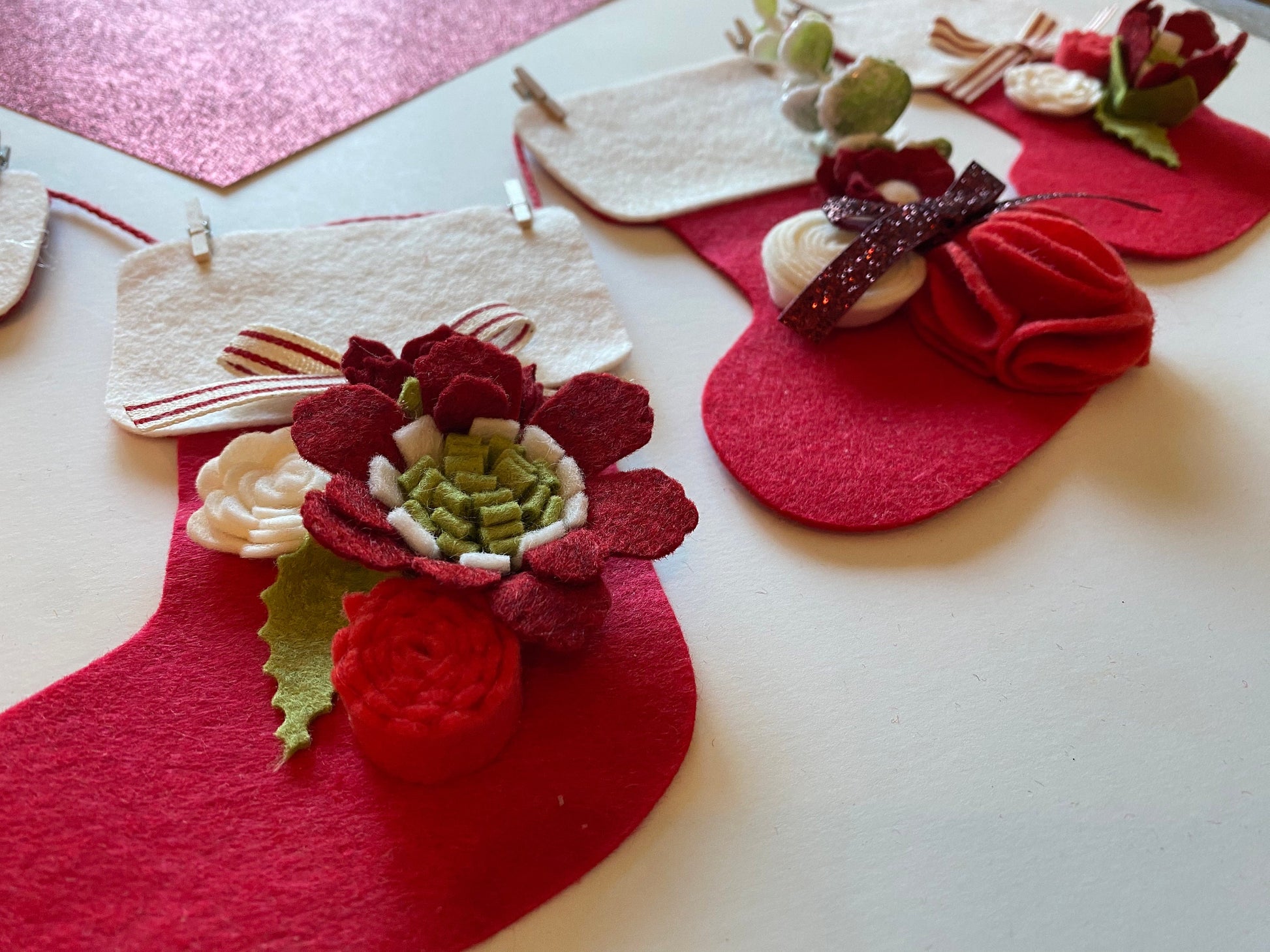 Santa Stocking Christmas Banner with Felt Flowers Garland, Bunting Decoration