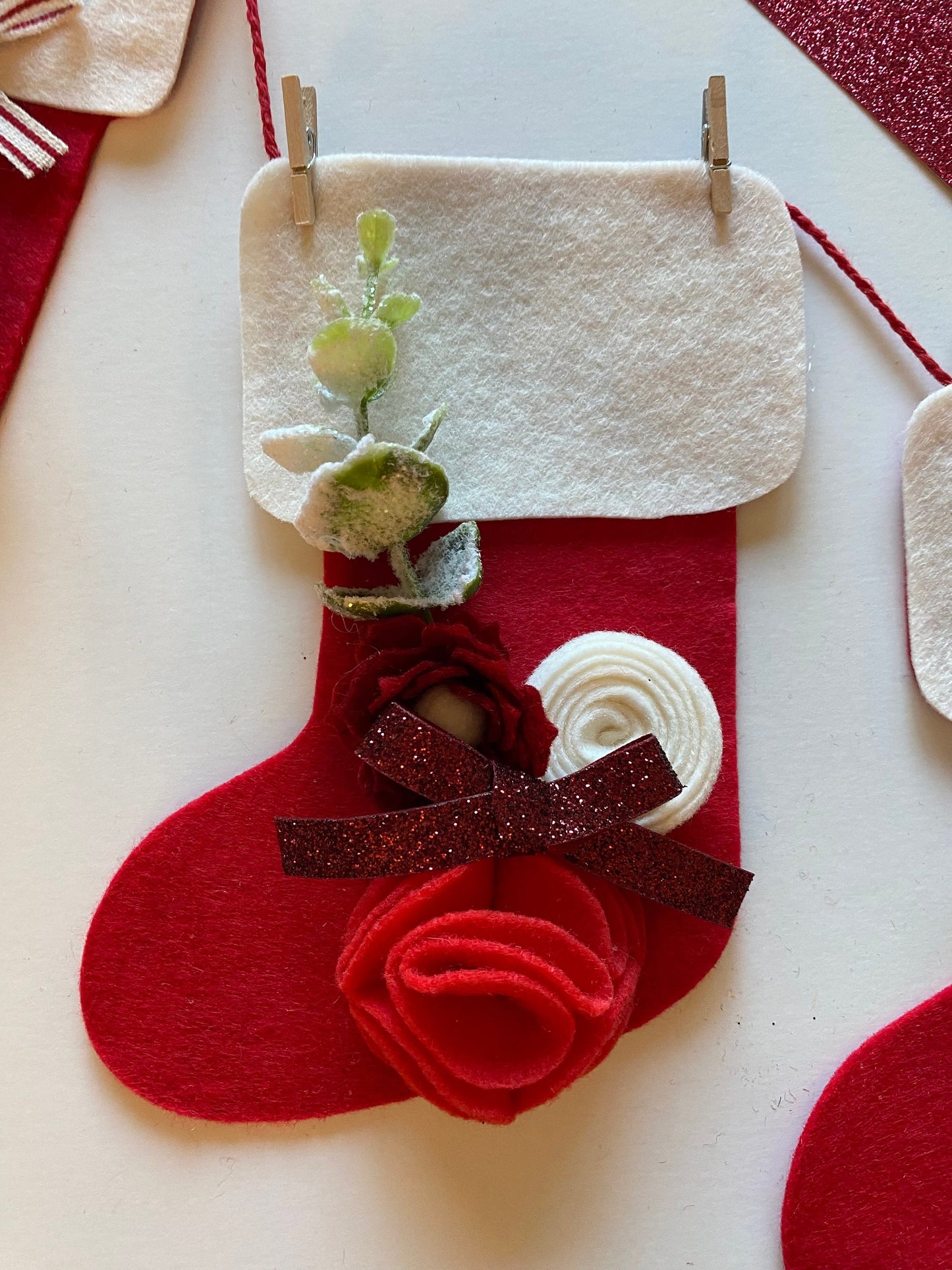 Santa Stocking Christmas Banner with Felt Flowers Garland, Bunting Decoration