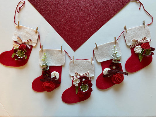 Santa Stocking Christmas Banner with Felt Flowers Garland, Bunting Decoration