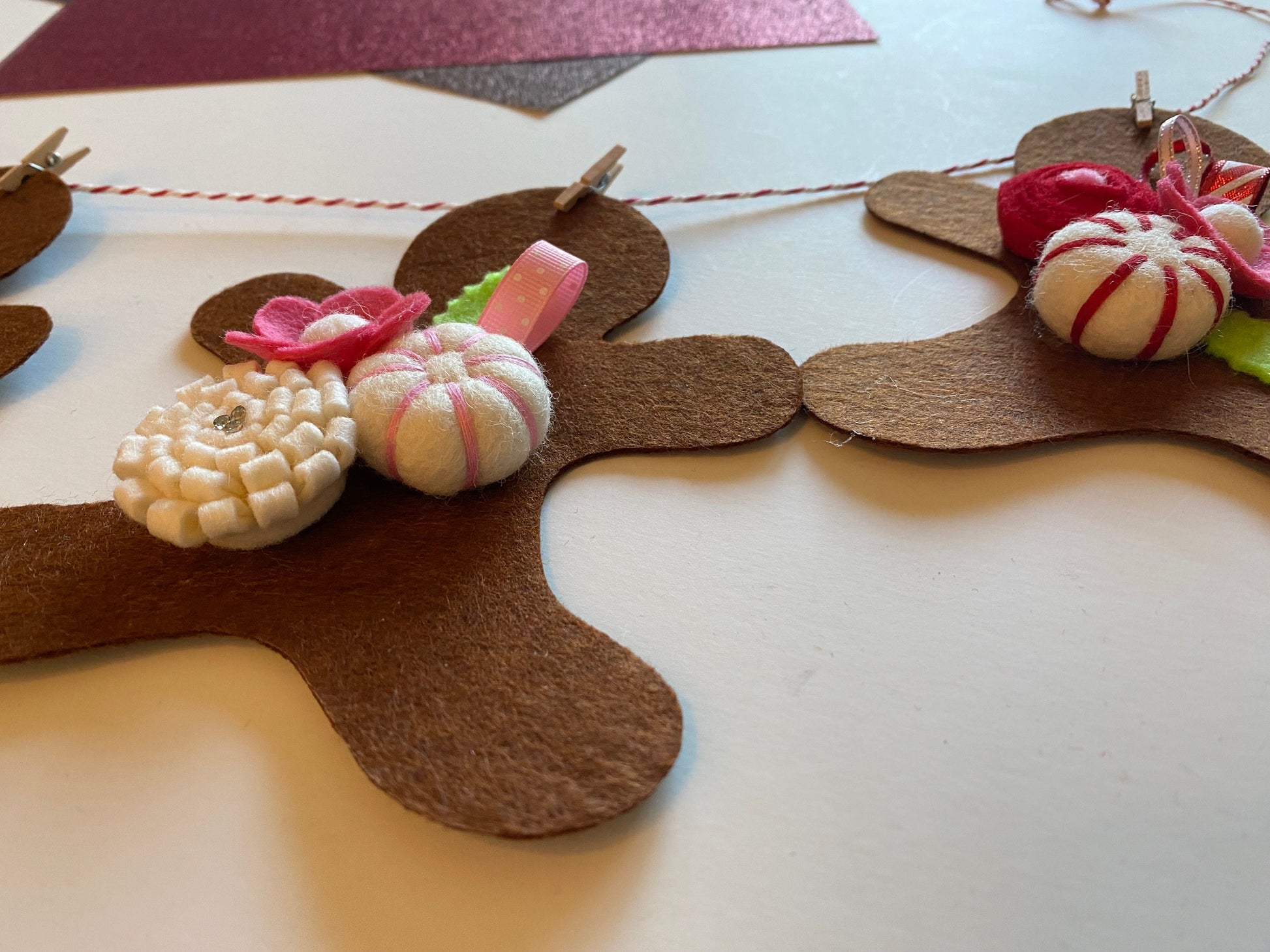 Gingerbread Man Cookie Banner, Christmas Felt Flower Garland Bunting with Wool Peppermint Candies