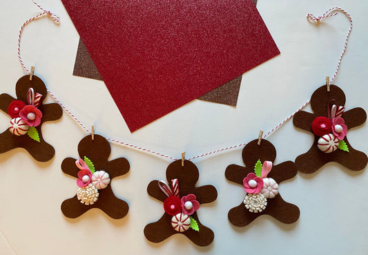 Gingerbread Man Cookie Banner, Christmas Felt Flower Garland Bunting with Wool Peppermint Candies