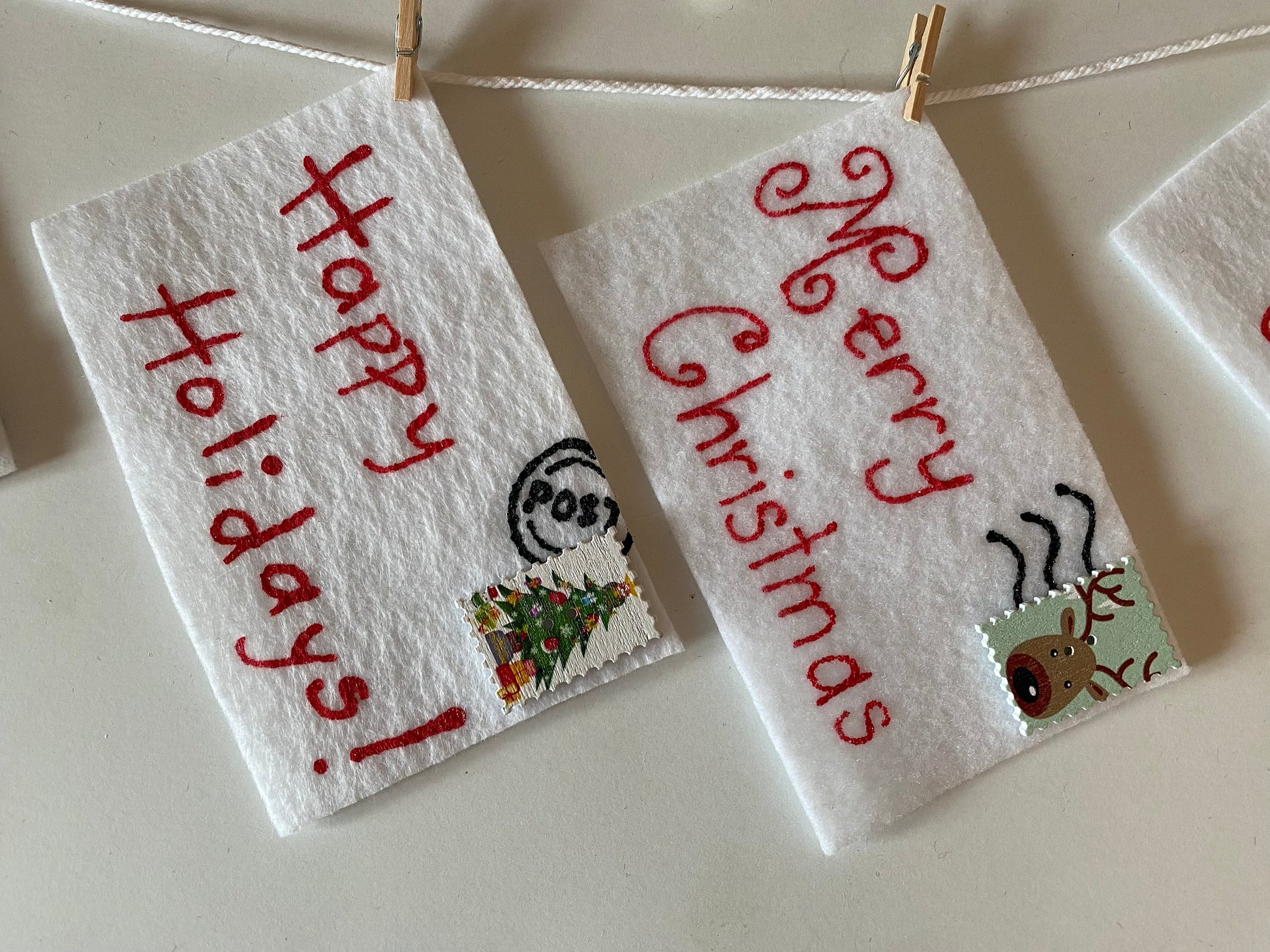 Christmas Cards Felt Banner, Letters to Santa Garland, Envelopes with Stamps Bunting, December Decoration