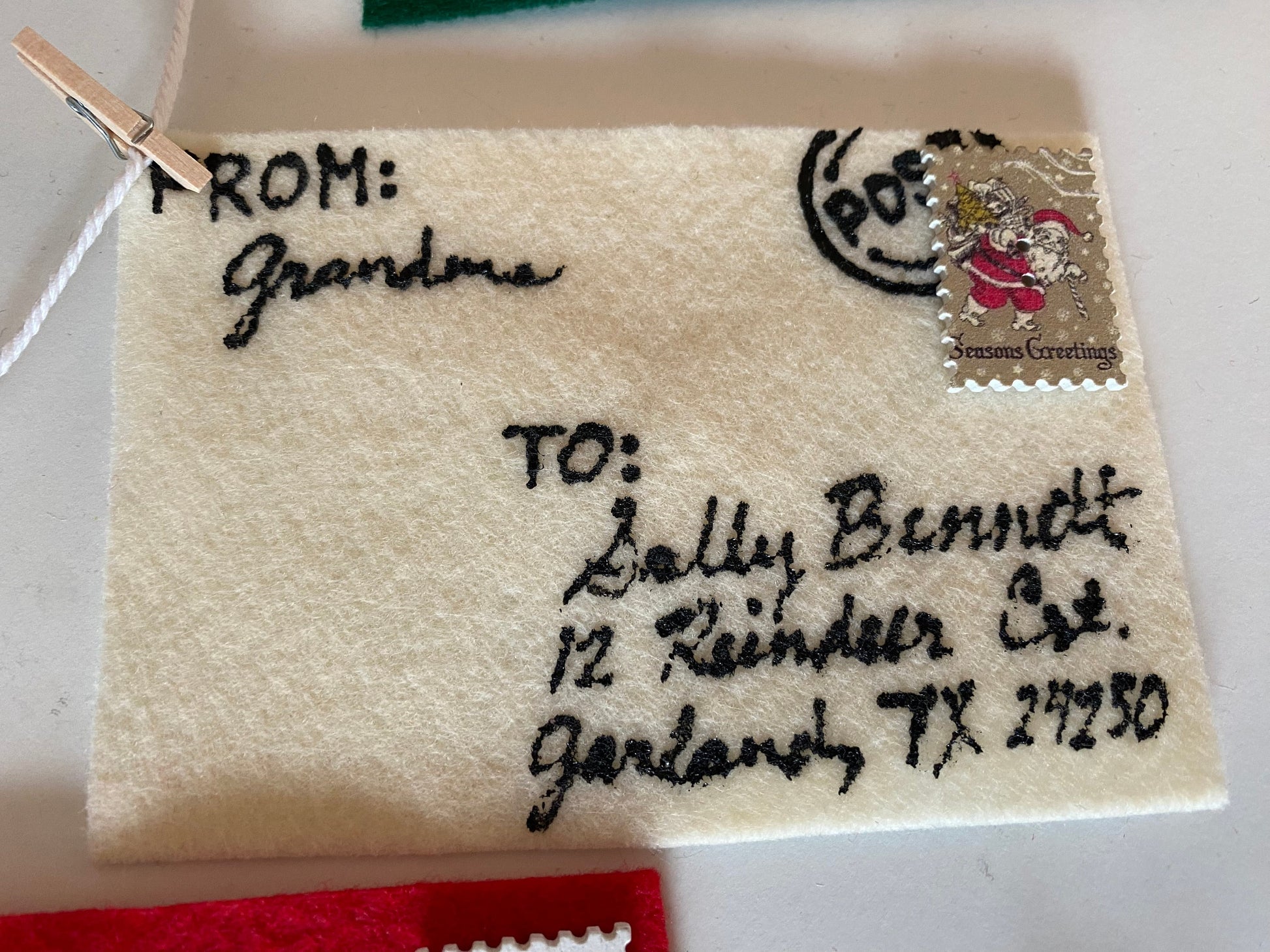 Christmas Cards Felt Banner, Letters to Santa Garland, Envelopes with Stamps Bunting, December Decoration
