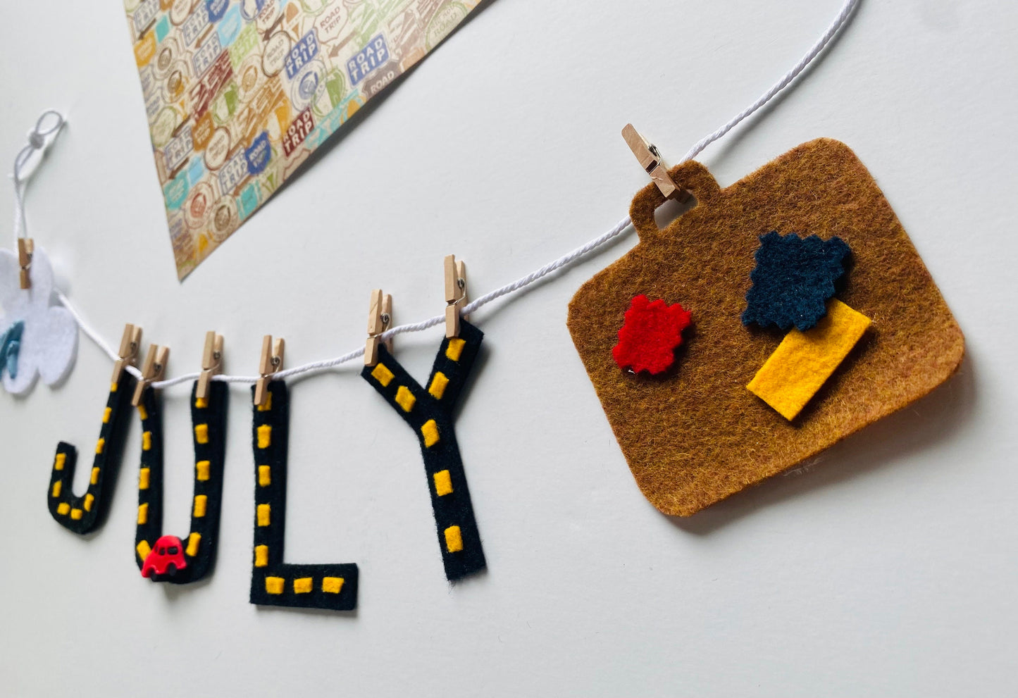 July Monthly Banner, Road Trip Garland, Bunting with Airplane and Suitcase