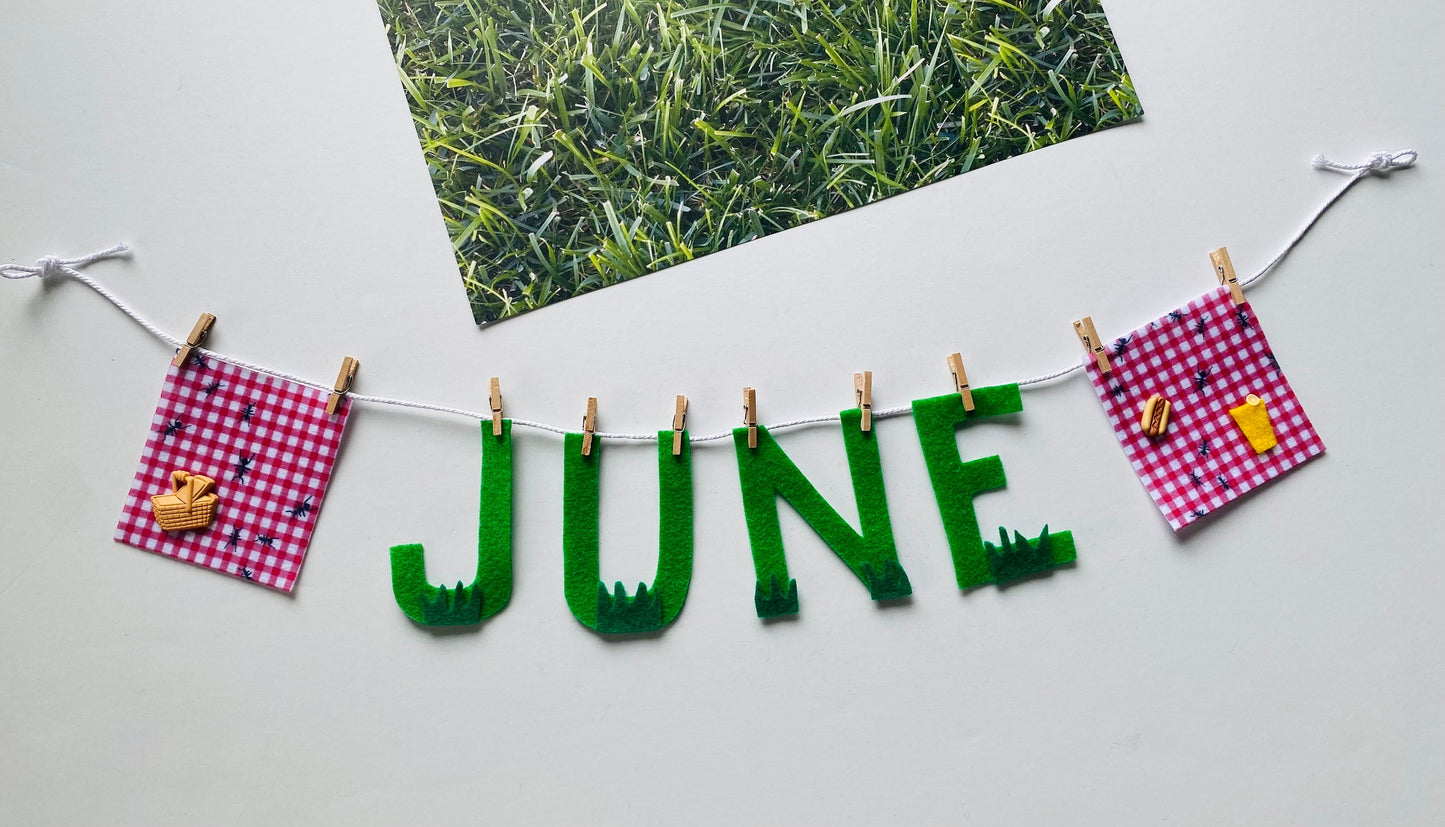 June Monthly Banner, Picnic Garland, Classroom Bulletin Board Bunting with Grass, Ants, Picnic Basket and Lemonade