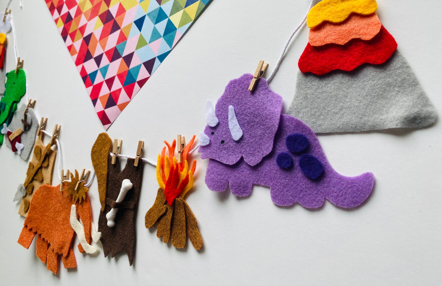 Cave Man & Woman Felt Banner, Dinosaur Garland, Volcano Bunting, Prehistoric Pennant, Wall Hanging Decoration for Parties