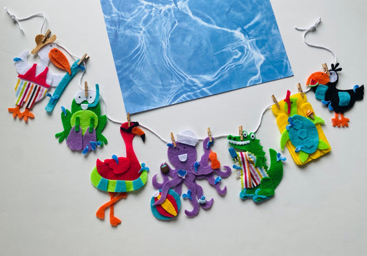 Pool Party Animal Banner, Tropical Creatures Garland, Summer Fun Bunting for Decoration