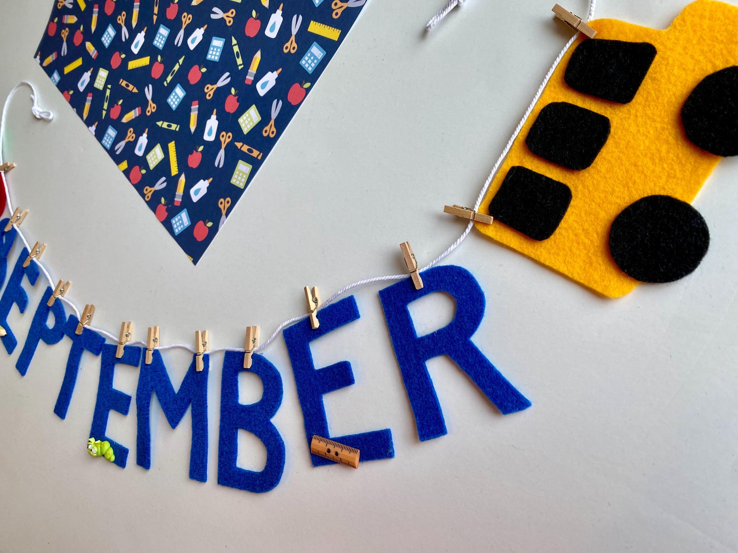 September Monthly Banner, Back to School Garland, Classroom Bulletin Board Bunting with Bus, Apple, Pencil, Bookworm and Ruler