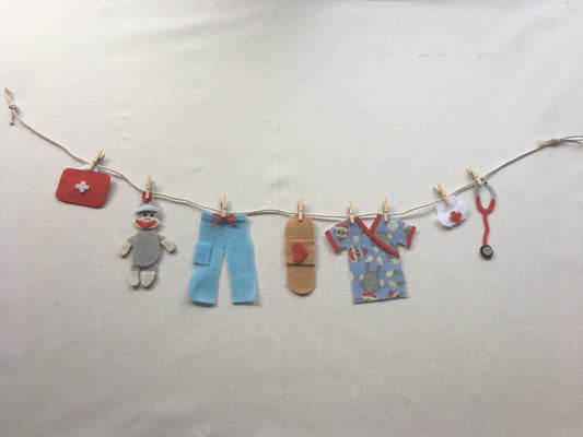 Nurse Doctor Sock Monkey Scrubs Miniature Medical Felt Clothesline Garland Bunting Decoration
