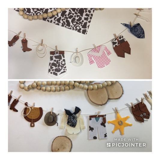 Cowboy & Cowgirl Outfit Costume Miniature Felt Clothesline Garlands for Parties and Home Decoration Combination Set of 2