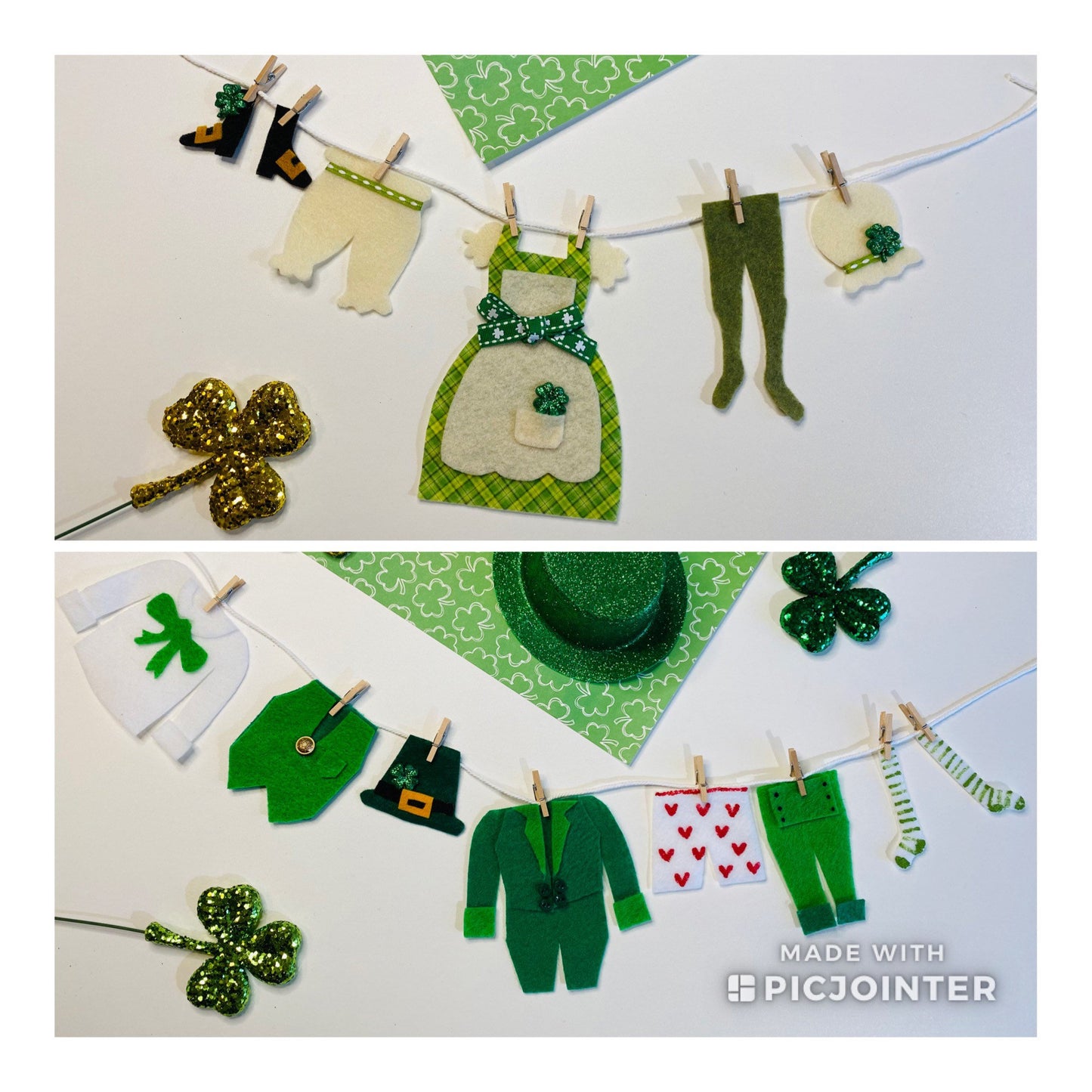 Leprechaun Man & Woman Clothesline Set of 2 Miniature Felt Clothesline Banner Garland Bunting Wall Hanging Decorations for St. Patrick’s Day