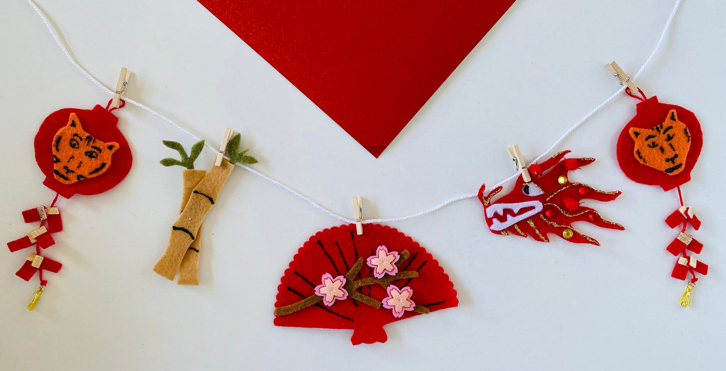 Lunar New Year Miniature Felt Clothesline Banner Chinese Bunting Wall Hanging Decoration