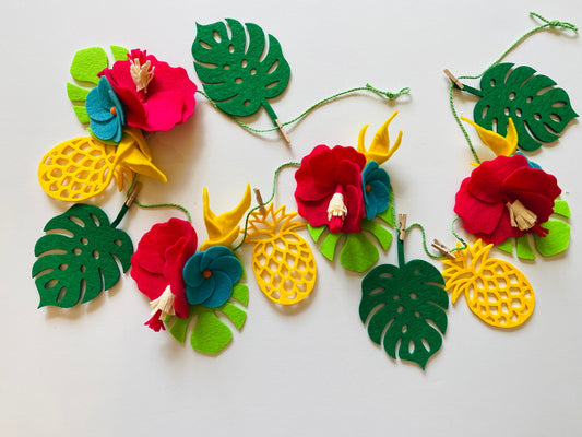 Tropical Hibiscus Pineapple and Monstera Leaf Felt Garland Summer Luau Banner Bunting Wall Hanging Decoration for Parties and Home Decor
