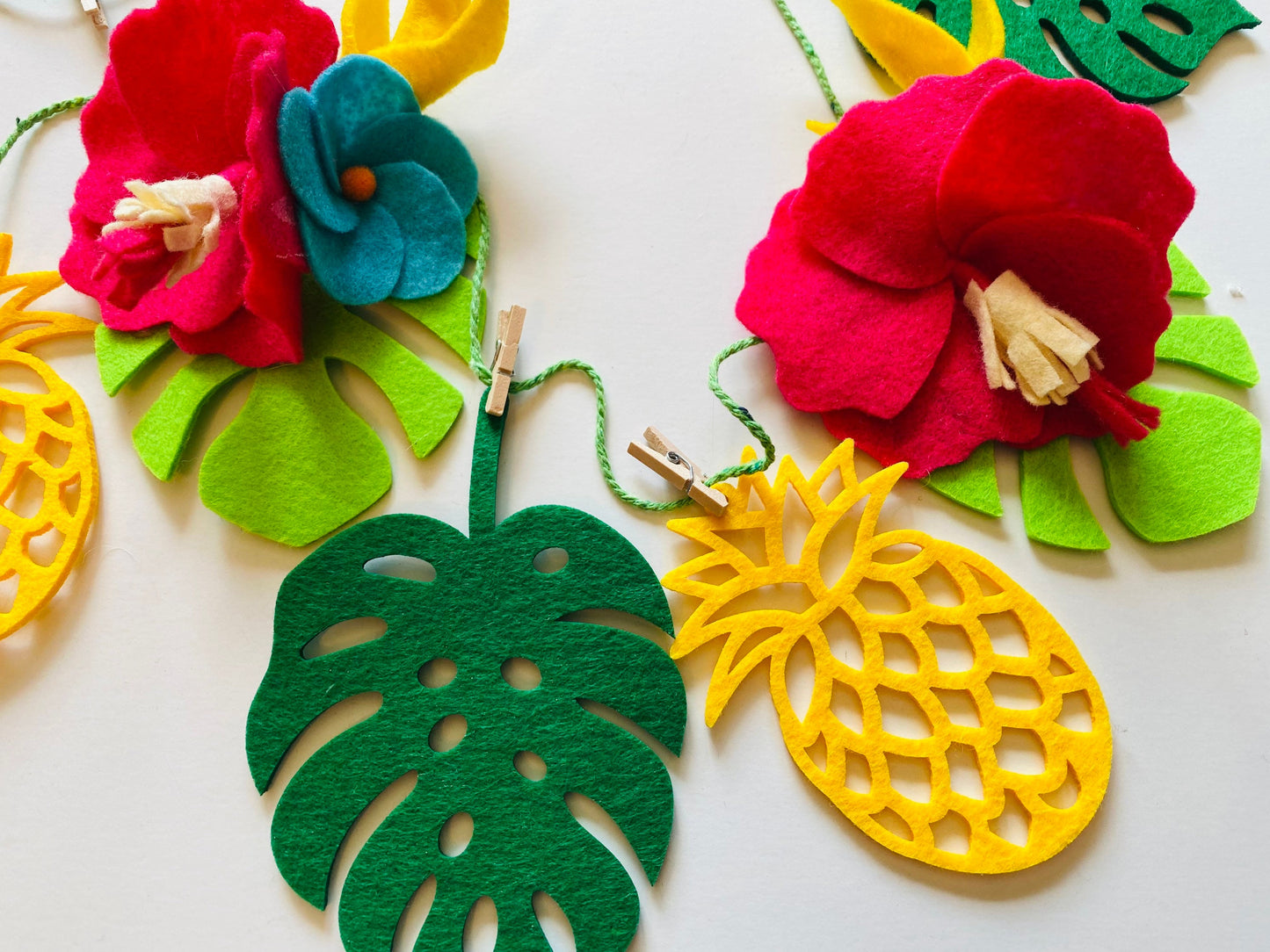 Tropical Hibiscus Pineapple and Monstera Leaf Felt Garland Summer Luau Banner Bunting Wall Hanging Decoration for Parties and Home Decor