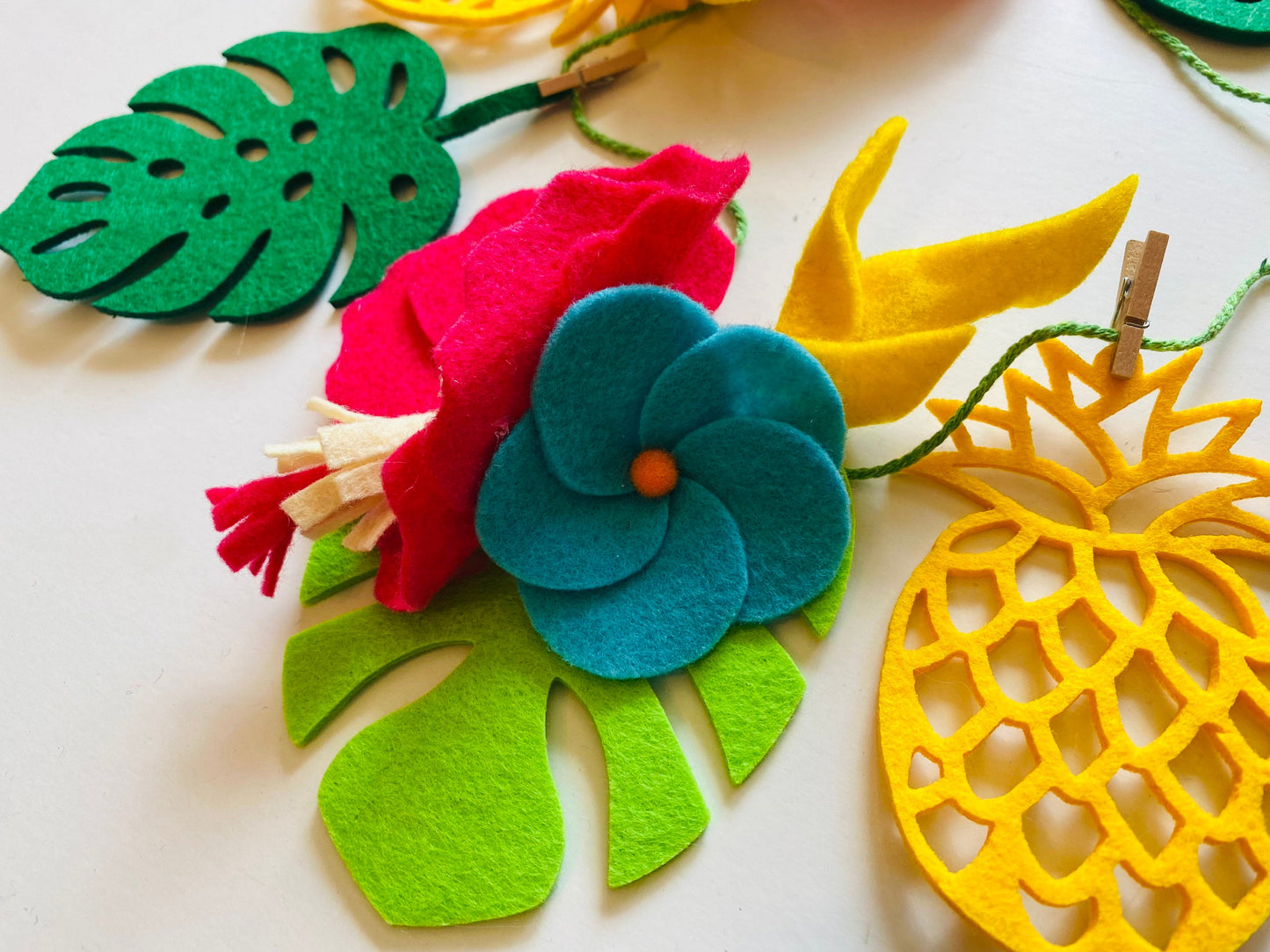 Tropical Hibiscus Pineapple and Monstera Leaf Felt Garland Summer Luau Banner Bunting Wall Hanging Decoration for Parties and Home Decor