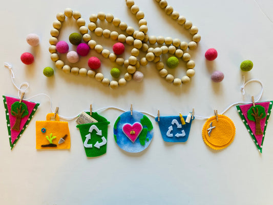 Earth Day Miniature Felt Banner, Earth-Friendly Garland, Bunting, Wall Hanging Decoration