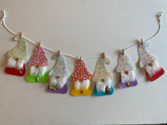 Spring Gnome Banner, Felt Floral themed garland, May flowers bunting with bugs, insects, and deer wall hanging decoration