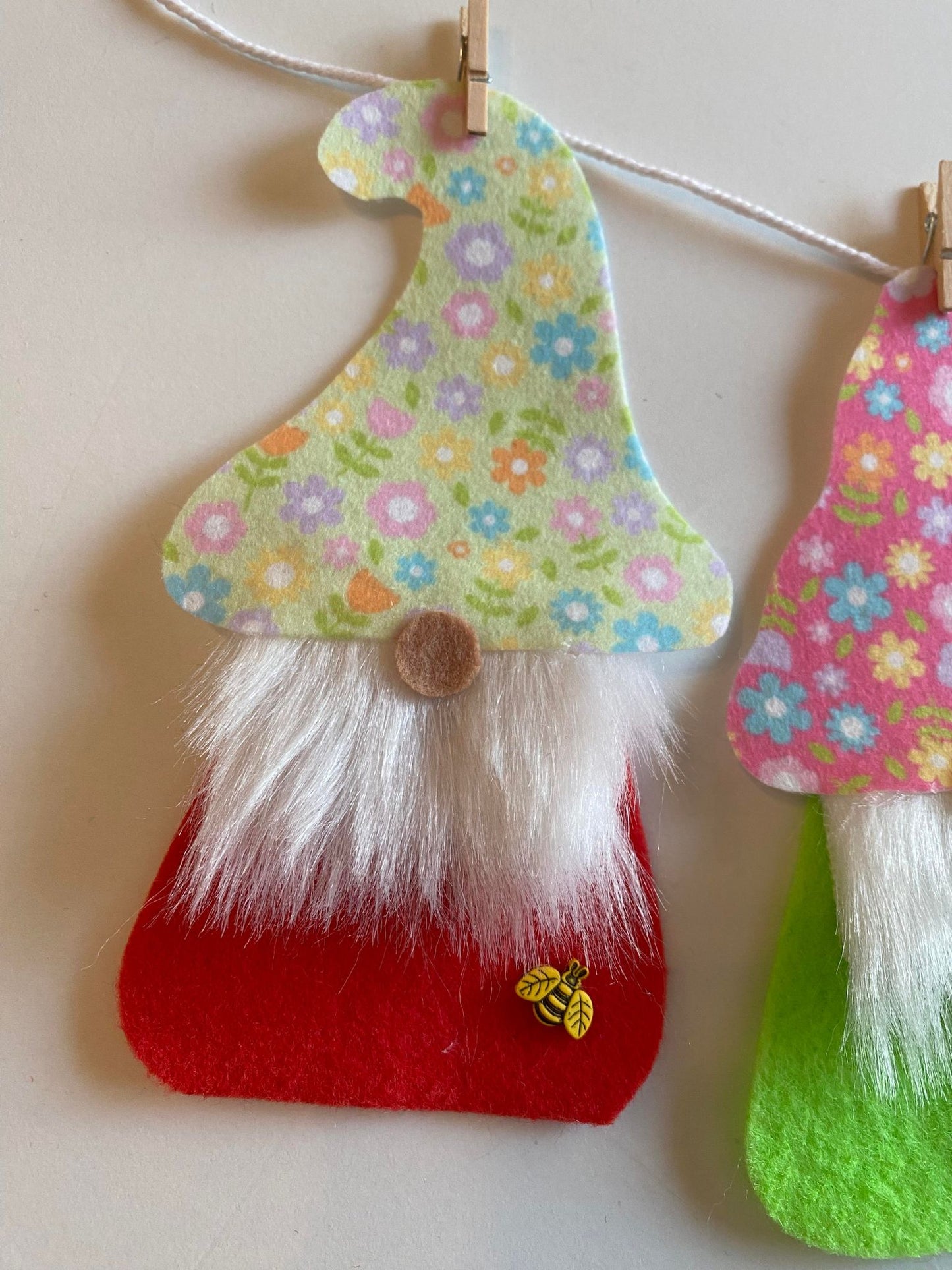 Spring Gnome Banner, Felt Floral themed garland, May flowers bunting with bugs, insects, and deer wall hanging decoration