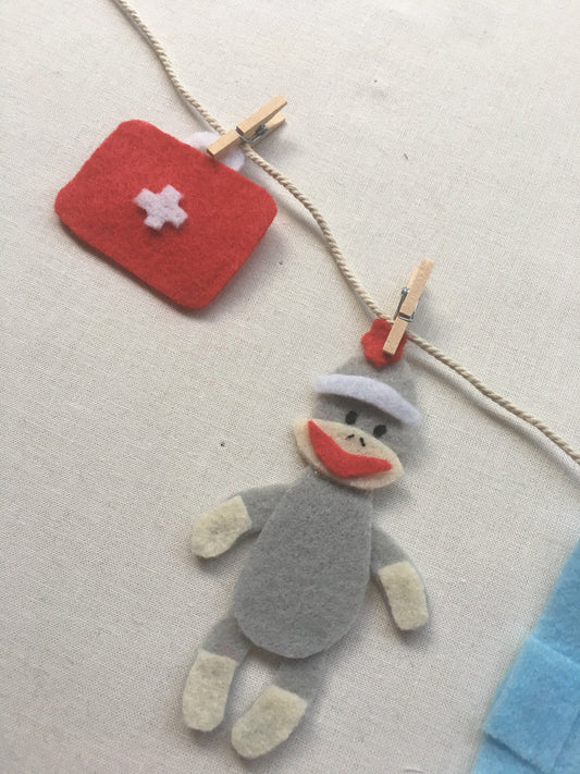 Nurse Doctor Sock Monkey Scrubs Miniature Medical Felt Clothesline Garland Bunting Decoration