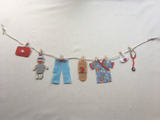 Nurse Doctor Sock Monkey Scrubs Miniature Medical Felt Clothesline Garland Bunting Decoration