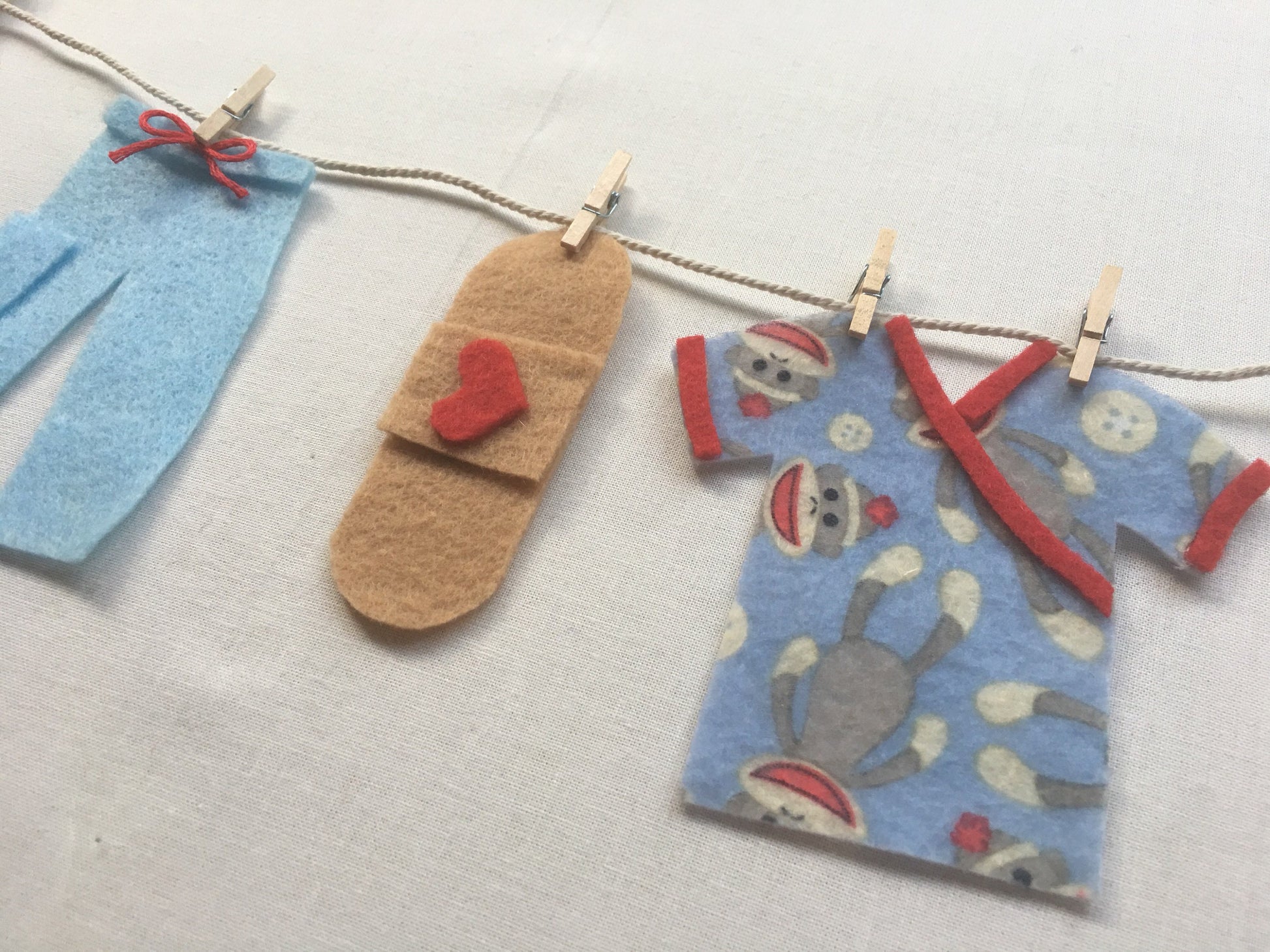 Nurse Doctor Sock Monkey Scrubs Miniature Medical Felt Clothesline Garland Bunting Decoration